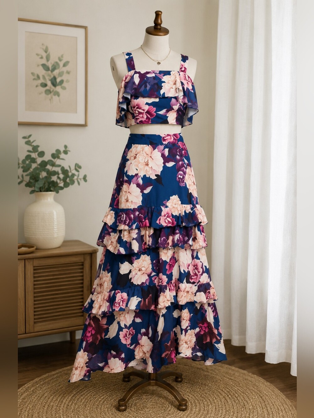 Pink/Blue Floral Two Piece Set Tiered Maxi Skirt Ruffle Crop Top Resort Vacation